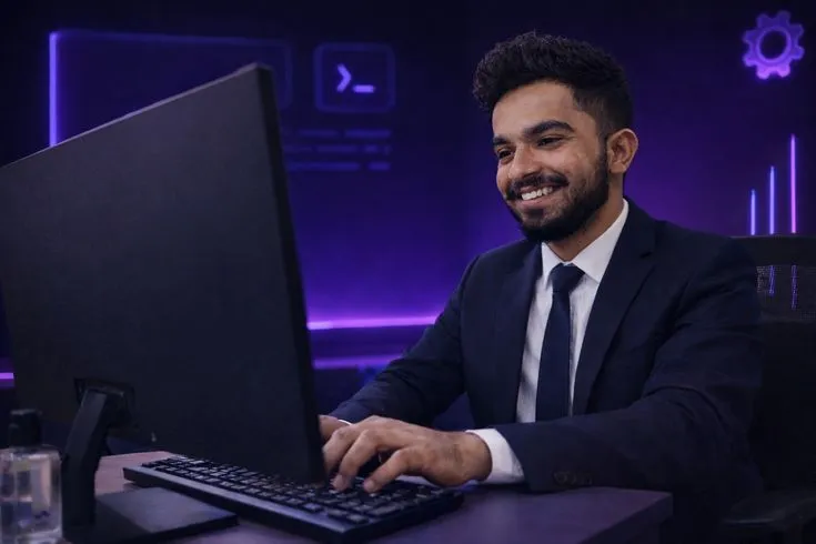 Professional portrait of a male developer working in a modern office environment with warm lighting