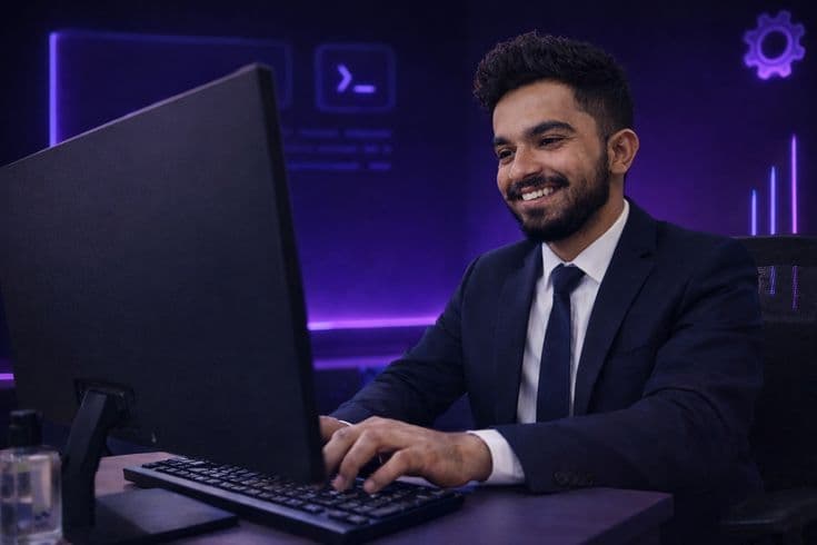 Professional portrait of a male developer working in a modern office environment with warm lighting